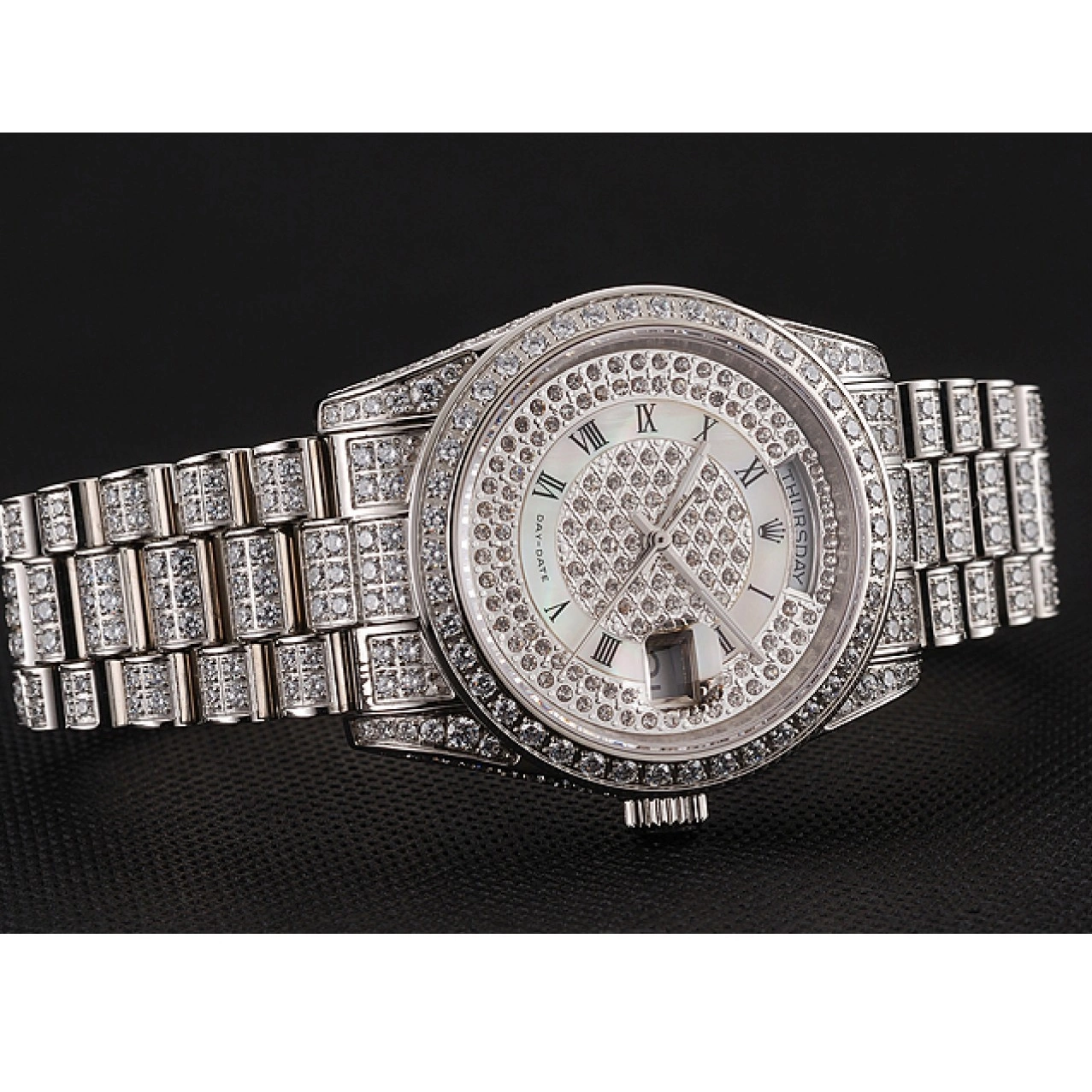 Aaa replica watch Diamond Case Day-Date Pave Dial Rolex Bracelet Swiss 1453950 Diamond Diamond 0618